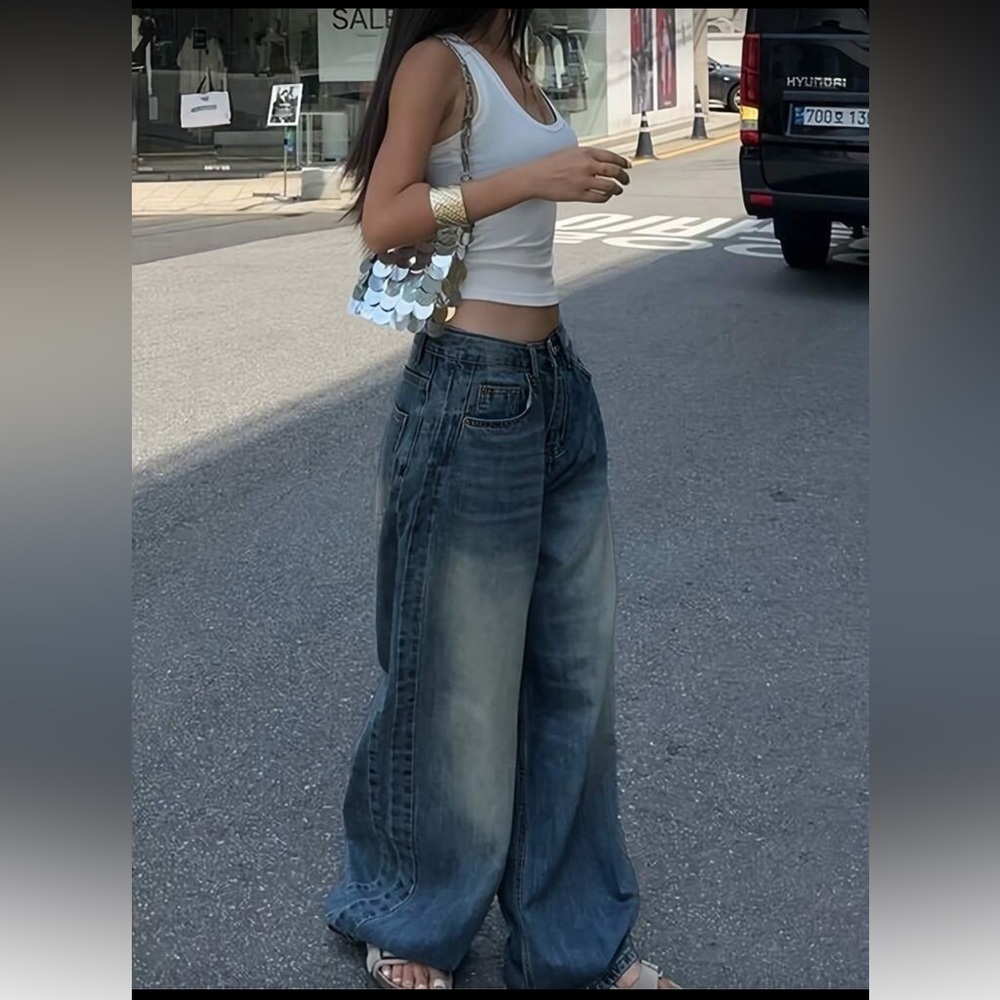 Dark Blue Denim Wide-Leg Jeans with distressed detail medium - Picture 7 of 9